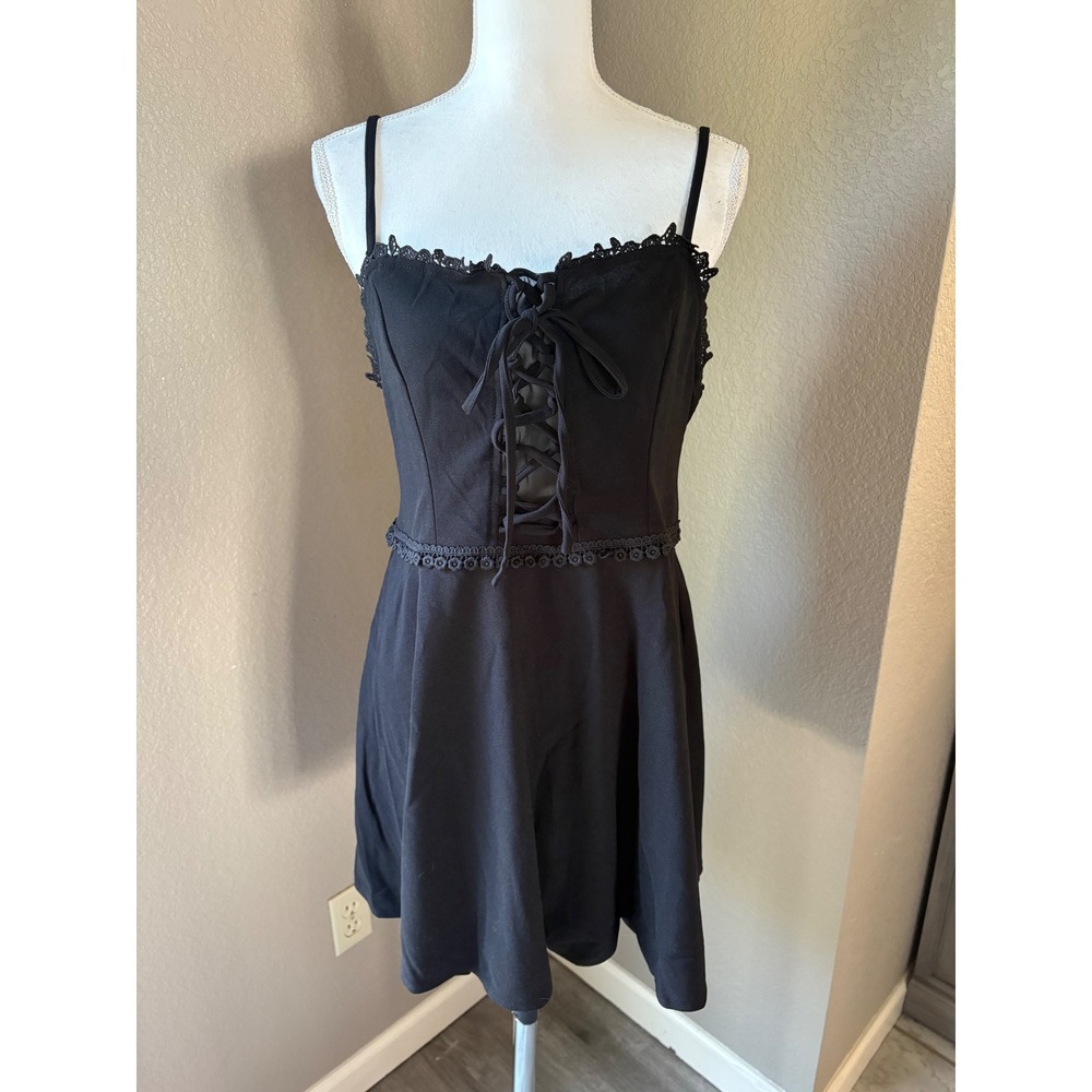 SHEIN Curve Black Lace Up Front Smocked Back Mini Dress 0XL Goth Crochet Trim